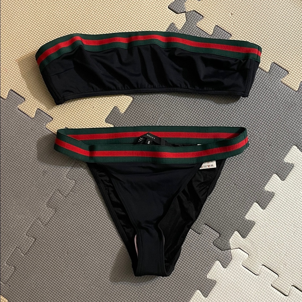 1999 Gucci by Tom Ford Green Red Stripe Black Stretch Bandeaux Bikini